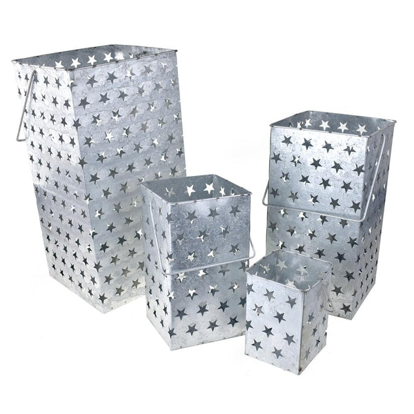 Galvanized Metal Star Buckets, Silver, Assorted Sizes, 4-Piece