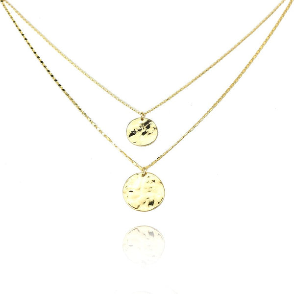 Gold Textured Circle Pendant Layer Necklace, 17-1/2-Inch