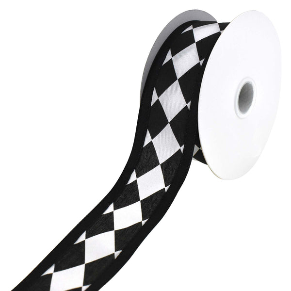 Harlequin Diamond Print Wired Ribbon, 1-1/2-Inch, 10-Yard - Black/White