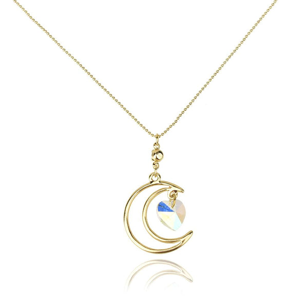 Gold Crescent Moon with Heart Gemstone Pendant Necklace, 16-Inch