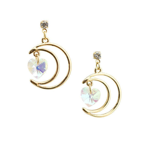 Crescent Moon with Heart Gemstone Pendant Drop Earrings, Gold, 1-1/4-Inch