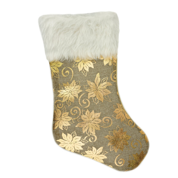 Metallic Flowers Burlap Christmas Stocking, Gold, 18-Inch