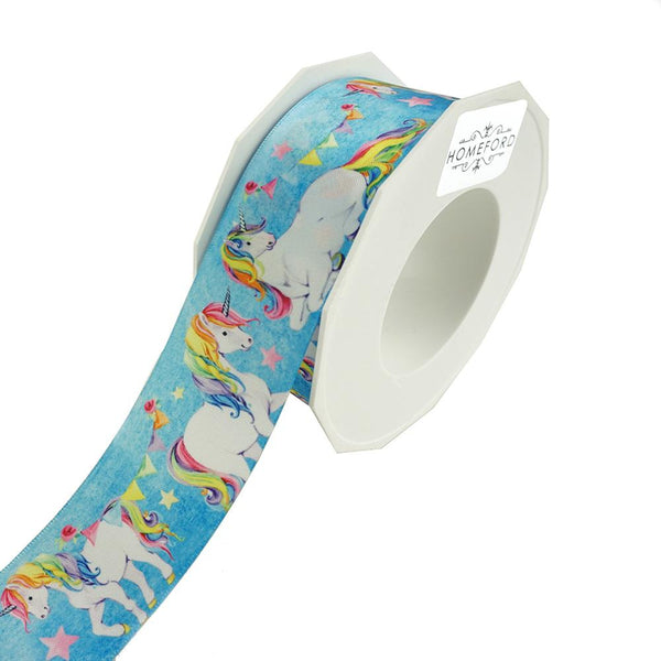 Magical Rainbow Unicorn Satin Ribbon, Blue, 1-1/2-Inch, 20-Yard