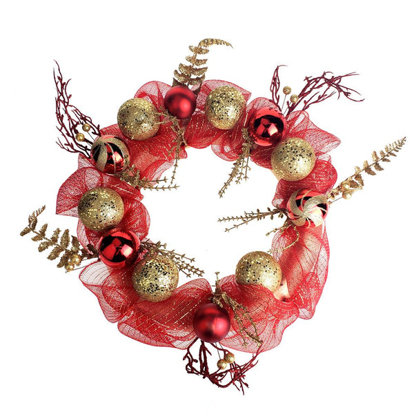 Decorated Mesh Ribbon Glitter Twigs Christmas Wreath, Red/Gold, 21-Inch