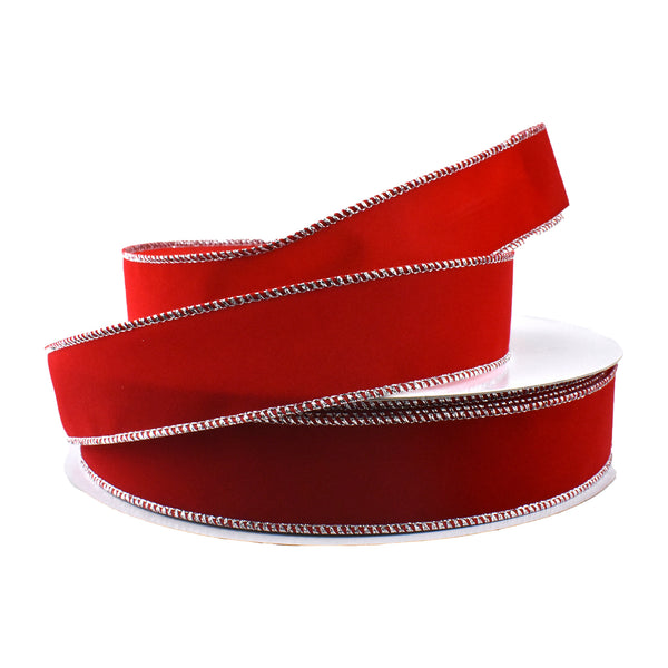 Christmas Velvet Wired Edge Ribbon, Red/Silver, 1-1/2-Inch, 50-Yard