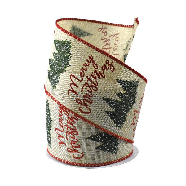 Snowy Trees 'Merry Christmas' Wired Ribbon, 2-1/2-Inch, 10-Yard