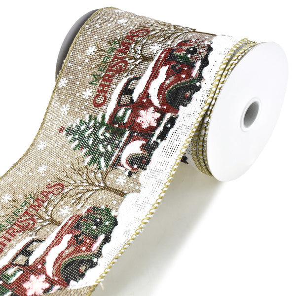 Vintage Snowy Trees in Trucks Wired Ribbon, 4-3/4-Inch, 10-Yard