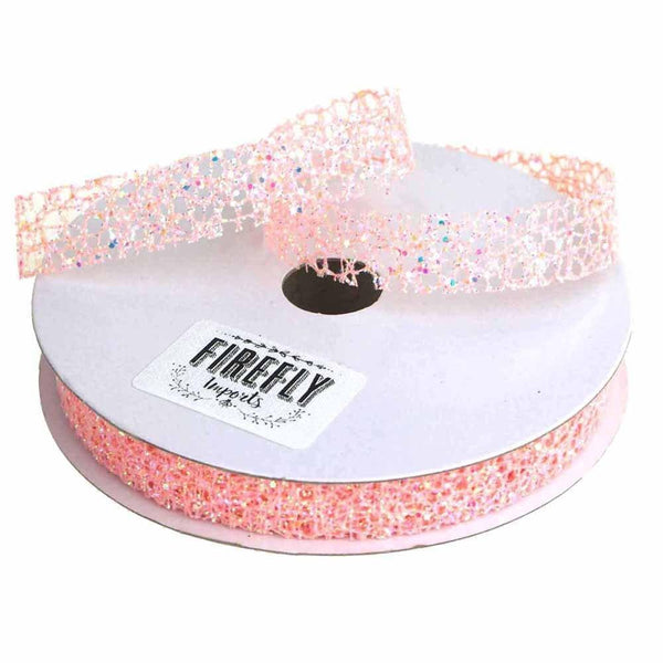 Glitter Web Mesh Ribbon, 5/8-Inch, 25 Yards, Coral