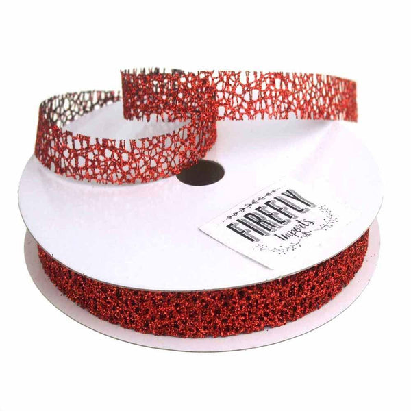 Glitter Web Mesh Ribbon, 5/8-Inch, 25 Yards, Red