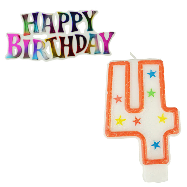 Glitter Number 4 Candle and Happy Birthday Sign, 3-3/8-Inch, 2-Piece