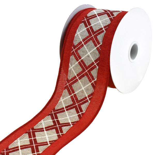 Glittered Plaid Faux Linen Wired Ribbon, 2-1/2-Inch, 10-Yard - Red