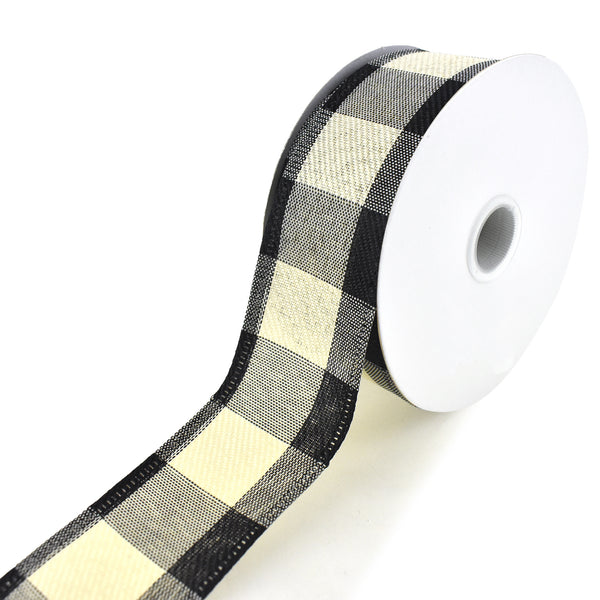 Buffalo Plaid Checkered Wired Ribbon, Ivory, 1-1/2-Inch, 10-Yard