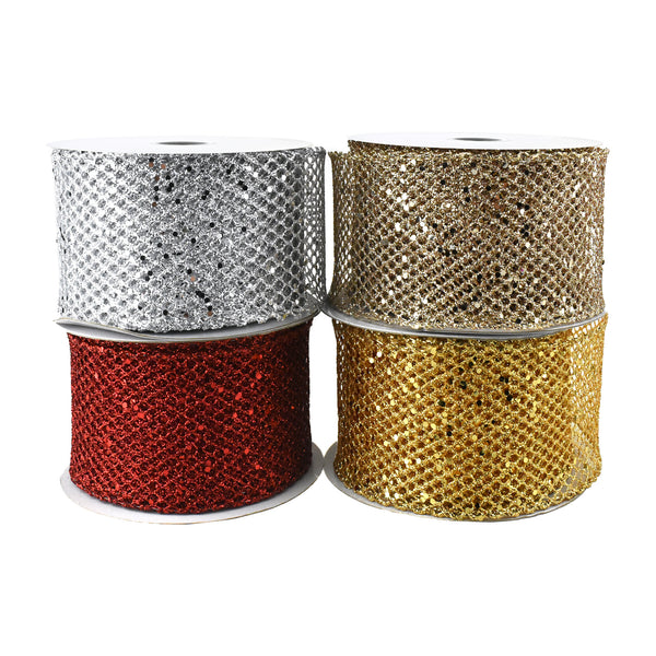 Christmas Dazzling Glitter Chunk Netting Wired Ribbon, 2-1/2-Inch, 10-Yard