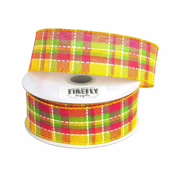 Colorful Dash Plaid Polyester Ribbon Wired Edge, 1-1/2-Inch, 10 Yards, Yellow