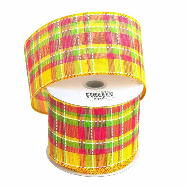 Colorful Dash Plaid Polyester Ribbon Wired Edge, 2-1/2-Inch, 10 Yards, Yellow