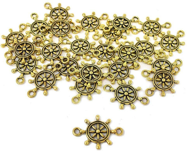 Metal Nautical Helm Ship Wheel Charms, Gold, 5/8-Inch, 25-Count