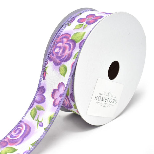 Botanical Flowers Wired Ribbon, 1-1/2-Inch, 10-Yard, Purple