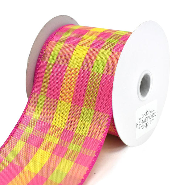 Color Chic Plaid Wired Edge Linen Ribbon, 2-1/2-Inch, 3-Yard, Pink/Yellow