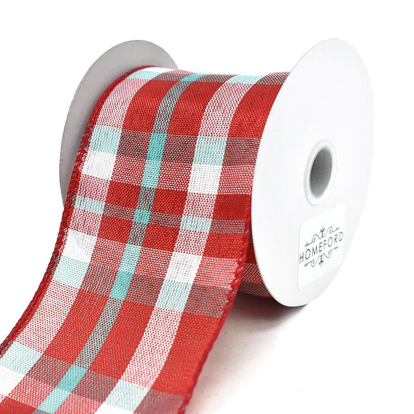 Color Chic Plaid Wired Edge Linen Ribbon, 2-1/2-Inch, 3-Yard, Red/White/Aqua