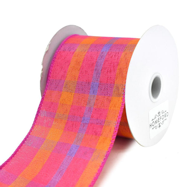 Color Chic Plaid Wired Edge Linen Ribbon, 2-1/2-Inch, 3-Yard, Magenta/Tangerine