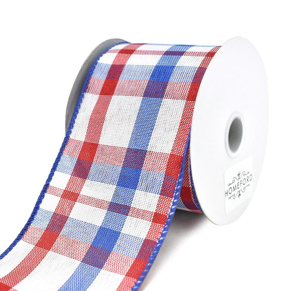 Color Chic Plaid Wired Edge Linen Ribbon, 2-1/2-Inch, 3-Yard, Red/White/Blue