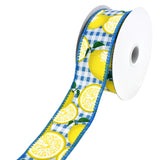 Gingham Printed Lemons Wired Ribbon, 1-1/2-Inch, 10-Yard