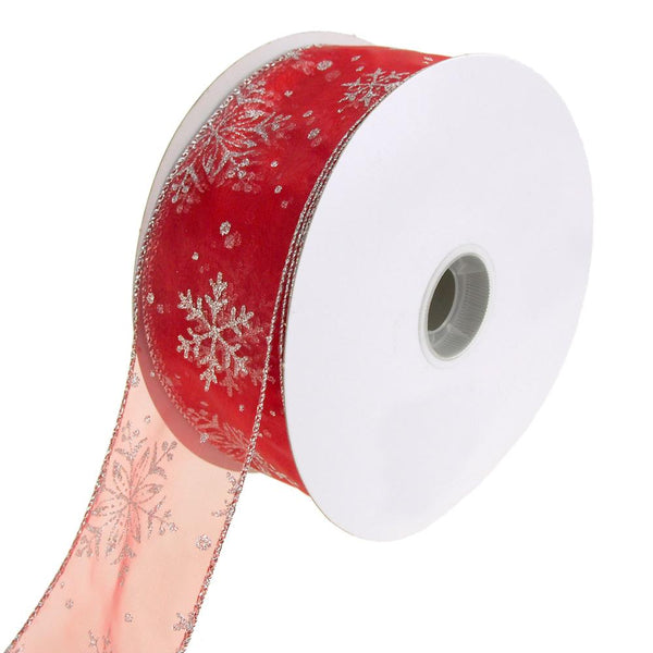 Glitter Snowflake Organza Wired Christmas Holiday Ribbon, 50-Yard, Red/Silver