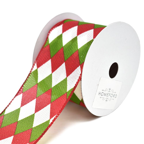 Harlequin Diamond Printed Wired Christmas Ribbon, 2-1/2-Inch, 10-Yard