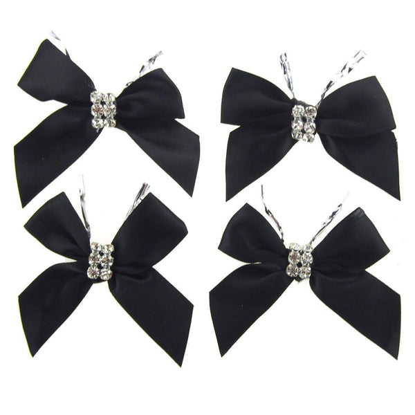 Pre-Tied Satin Bows with Rhinestone, 3-Inch, 4-Piece, Black