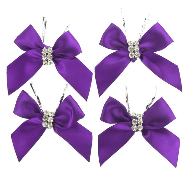 Pre-Tied Satin Bows with Rhinestone, 3-Inch, 4-Piece, Purple