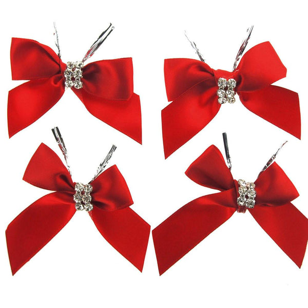 Pre-Tied Satin Bows with Rhinestone, 3-Inch, 4-Piece, Red