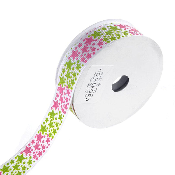 Glitter Stars White Grosgrain Ribbon, Hot Pink/Lime, 7/8-Inch, 3-Yard