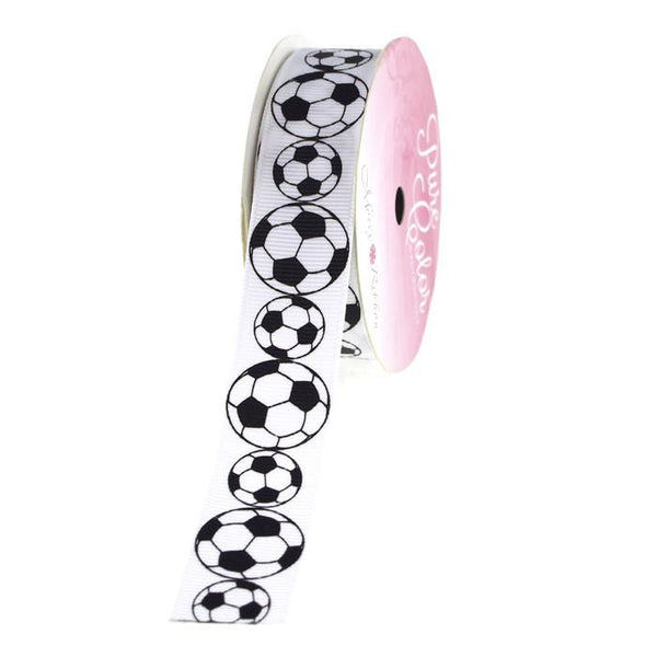 Soccer Ball White Grosgrain Ribbon, 7/8-inch, 5-yard