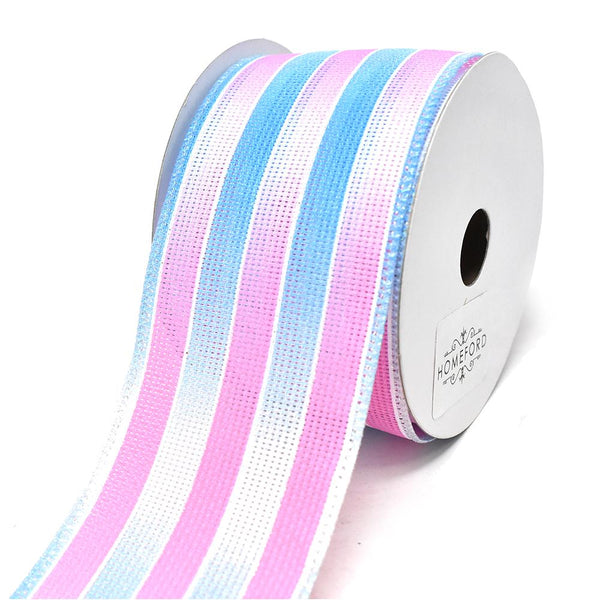 Glitter Ombre Striped Wired Ribbon, 2-1/2-Inch, 10-Yard, Light Pink/ Light Blue