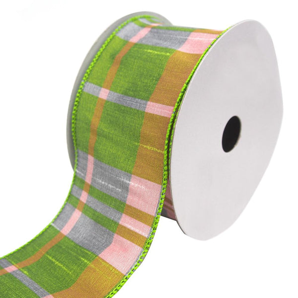 Catalina Plaid Wired Dupioni Ribbon, Lime, 2-1/2-Inch, 10 Yards