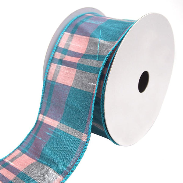 Catalina Plaid Wired Dupioni Ribbon, Turquoise, 2-1/2-Inch, 10 Yards