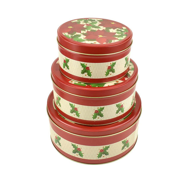 Christmas Cookie Tin Round Containers with Poinsettias and Holly, 3 Size, Red/White