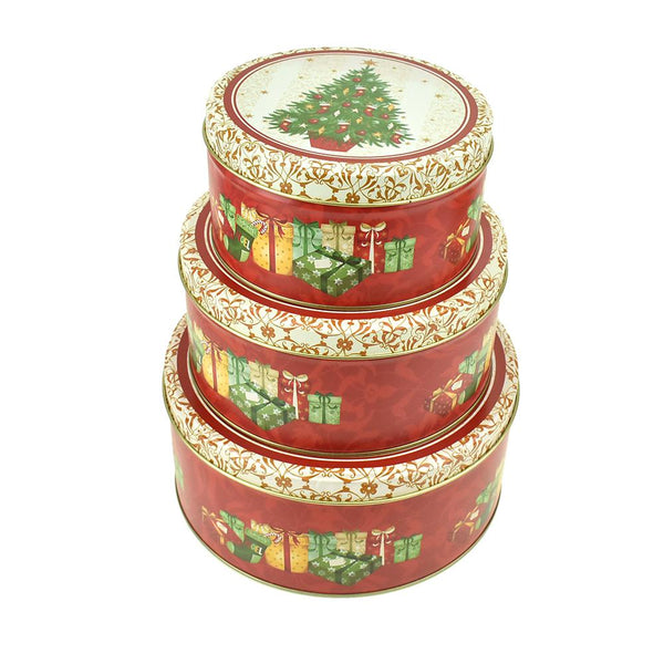 Christmas Cookie Tin Round Containers with Christmas Tree and Presents, 3 Size, Red