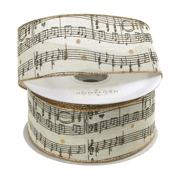 Musical Notes Gold Edge Canvas Wired Ribbon, Cream, 1-1/2-Inch, 20 Yards