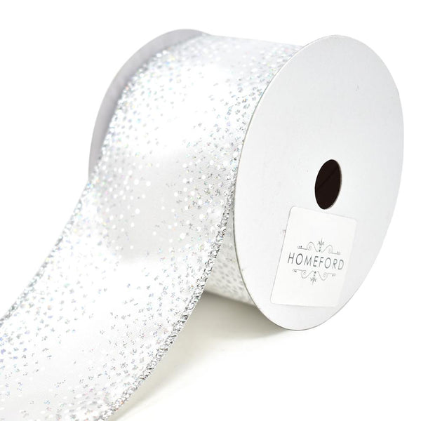 Cascading Serenade Glittered Border Christmas Ribbon, White, 2-1/2-Inch, 10-Yard