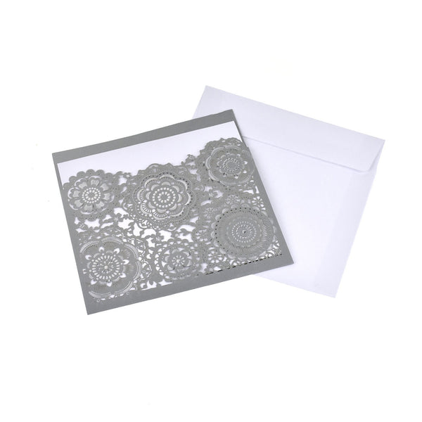 Blank Square Floral Mandala Lace Laser Cut Invitations, 6-1/4-Inch, 8-Piece, Silver