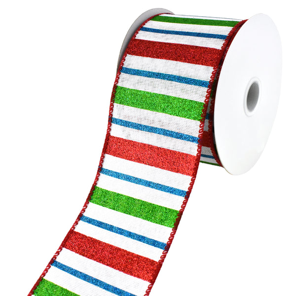 Christmas Glittered Stripes Wired Ribbon, 2-1/2-Inch, 10-Yard - Red/Lime/Turquoise