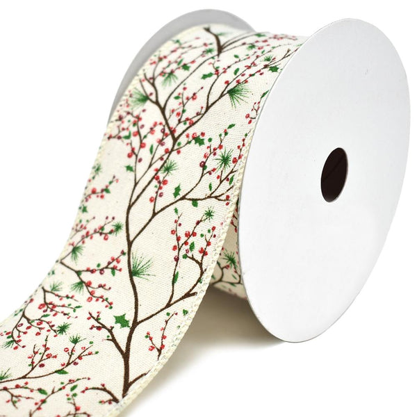 Holly Berry Branch Printed Wired Christmas Ribbon, 10-Yard, 2-1/2-Inch