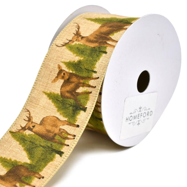 Deer and Trees Woodlands Christmas Wired Ribbon, Natural, 2-1/2-Inch, 10-Yard