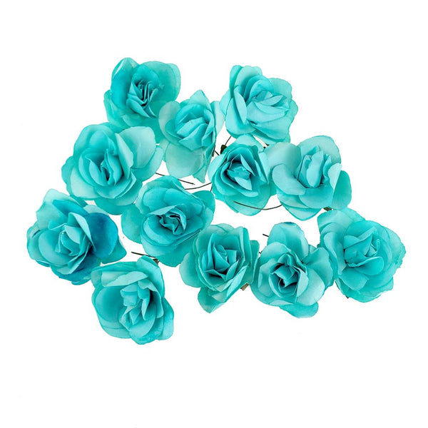 Rose Paper Flower Embellishment, 2-1/2-Inch, 12-Count, Aqua