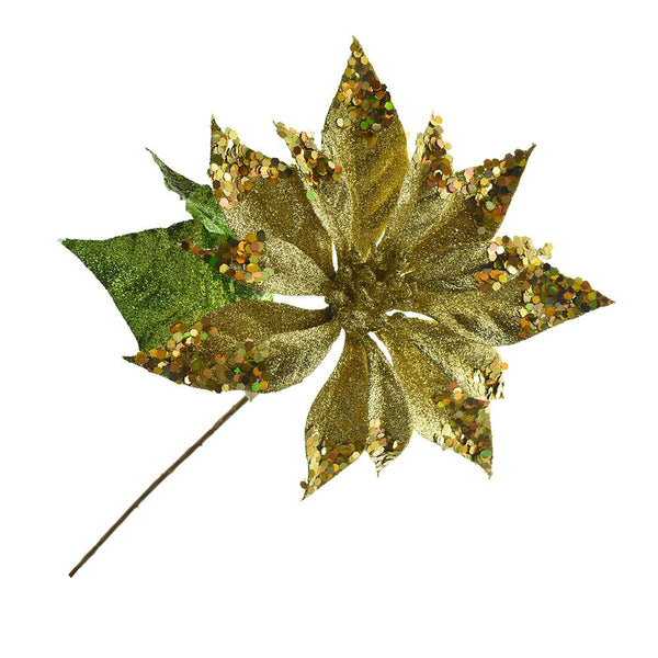 Artificial Glittered Holiday Poinsettia Stem, 15-Inch, Gold