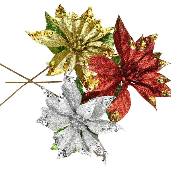 Artificial Glittered Holiday Poinsettia Stem, 15-Inch