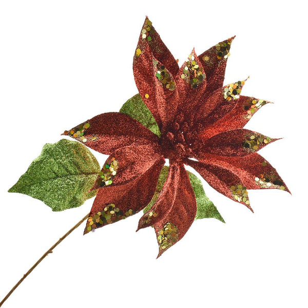 Artificial Glittered Holiday Poinsettia Stem, 15-Inch, Red