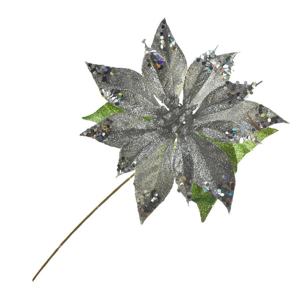 Artificial Glittered Holiday Poinsettia Stem, 15-Inch, Silver