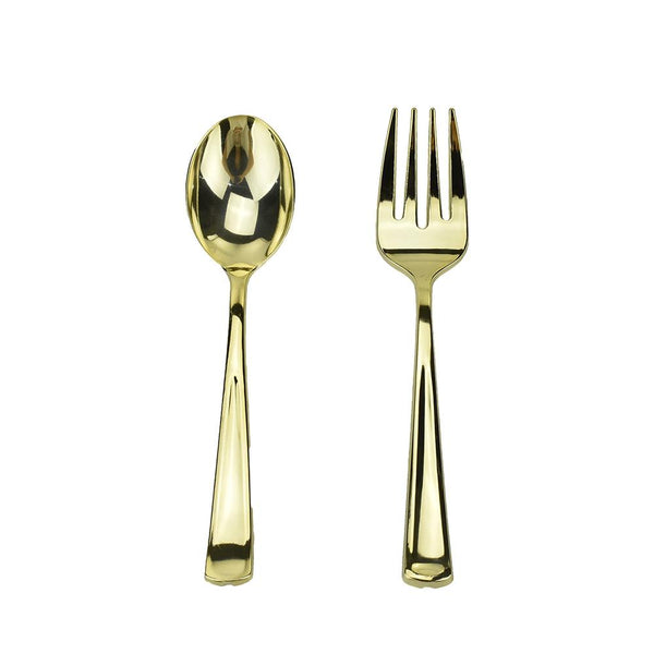 Disposable Party Serving Spoon and Fork, Gold, 10-Inch, 2-Piece